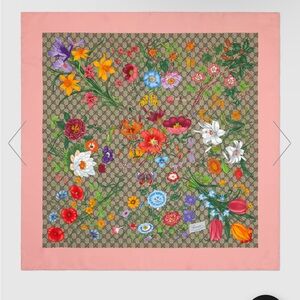 Floral Silk Scarf with Pink Border